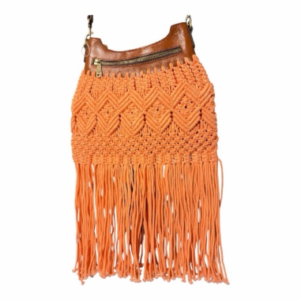 Patricia Nash Coral Macrame Fringe Crossbody bag Boho woven leather specialty - Picture 10 of 13